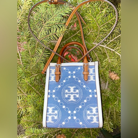 NWOT Tory Burch Blue and Tan/White Trim MiniMonogram Bag